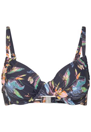 Schwarzes Bikini-Oberteil mit bunten Blättermustern. Verfügt über geformte Cups, gerafftes Material, verstellbare Träger und einen silbernen Verschluss.