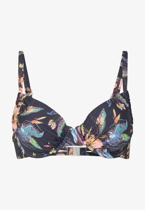 Schwarzes Bikini-Oberteil mit bunten Blättermustern. Verfügt über geformte Cups, gerafftes Material, verstellbare Träger und einen silbernen Verschluss.