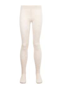 Børns beige leggings i fuld længde lavet af et blødt, strækbart stof, vist stående oprejst mod en hvid baggrund.