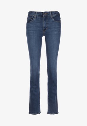 Tmavě modré džíny se rovnými nohavicemi, předními kapsami, poutky na pásek, zipem a zapínáním na knoflík.