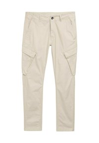 Beige Cargo-Hosen mit geradem Schnitt, aus Baumwolle, mit Seitentaschen und einem Knopfverschluss mit Reißverschluss.