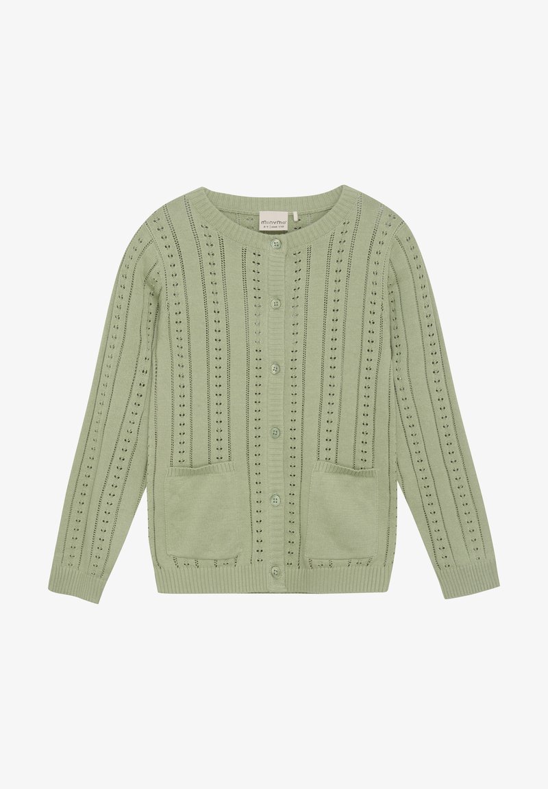 Hele roheline kudumitega kardigan ümarate kaelustega, nööbiga sulgemine, kaks esist taskut ja vertikaalsed õmblusmustrid.