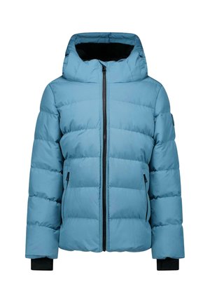 Lichtblauwe gevoerde winterjas met een voorrits, twee zijzakken met ritssluiting en een capuchon met zwarte voering.