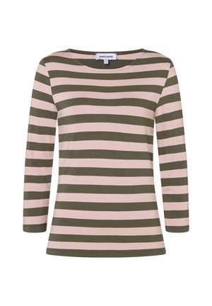 Langärmliges Shirt in olivgrün und hellrosa horizontalen Streifen. Weicher Stoff mit rundem Ausschnitt und geradem Schnitt.