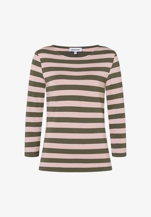 Long-sleeve shirt in olive green and light pink horizontal stripes. Soft fabric with a round neckline and straight cut.
