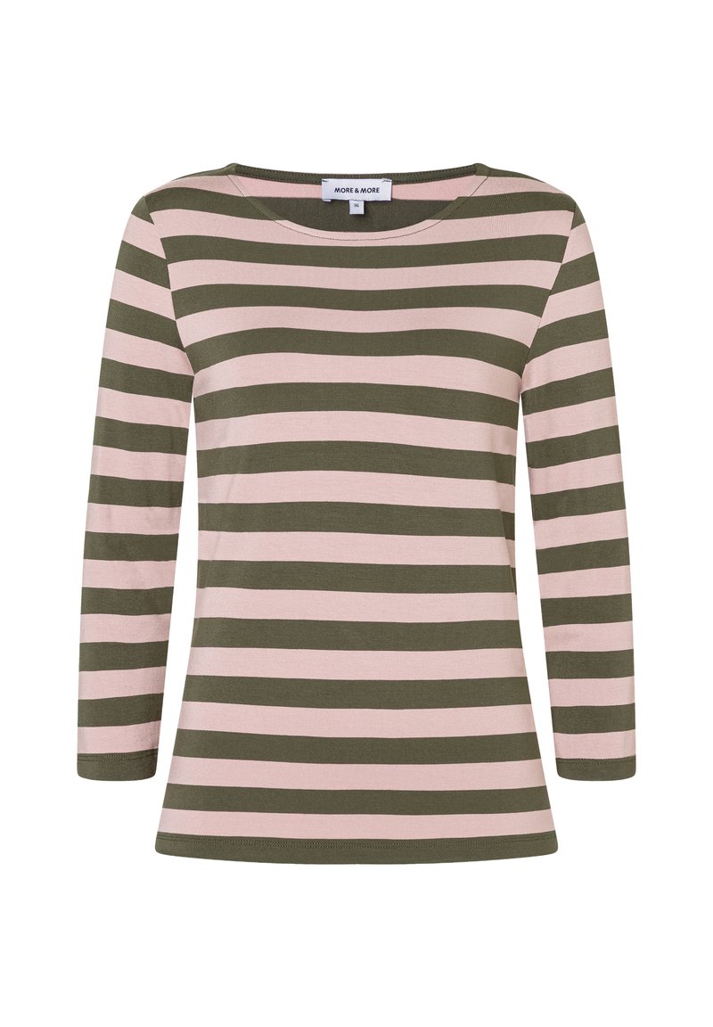 Langärmliges Shirt in olivgrün und hellrosa horizontalen Streifen. Weicher Stoff mit rundem Ausschnitt und geradem Schnitt.