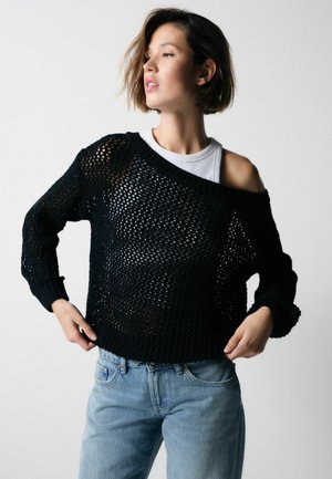 THE SET, REGULAR FIT - 2 PACK OPEN KNIT SLASH NECK JUMPERS - Jumper - black cream