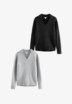 Melni un pelēki v-veida džemperi ar apkakli, izgatavoti no mīkstas adītas auduma, ar ribbētām piedurknēm un apakšmalu, brīvas izgriezuma, ar minimālu dekorāciju.