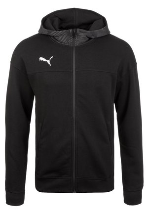 Schwarzer Kapuzenpullover mit Reißverschluss, Kapuze, Vordertaschen, gerippten Bündchen und weißem Puma-Logo auf der linken Brust.
