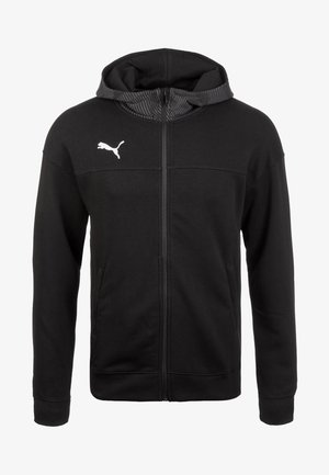 Sweat à capuche noir zippé avec capuche, poches avant, poignets côtelés et logo Puma blanc sur la poitrine gauche.