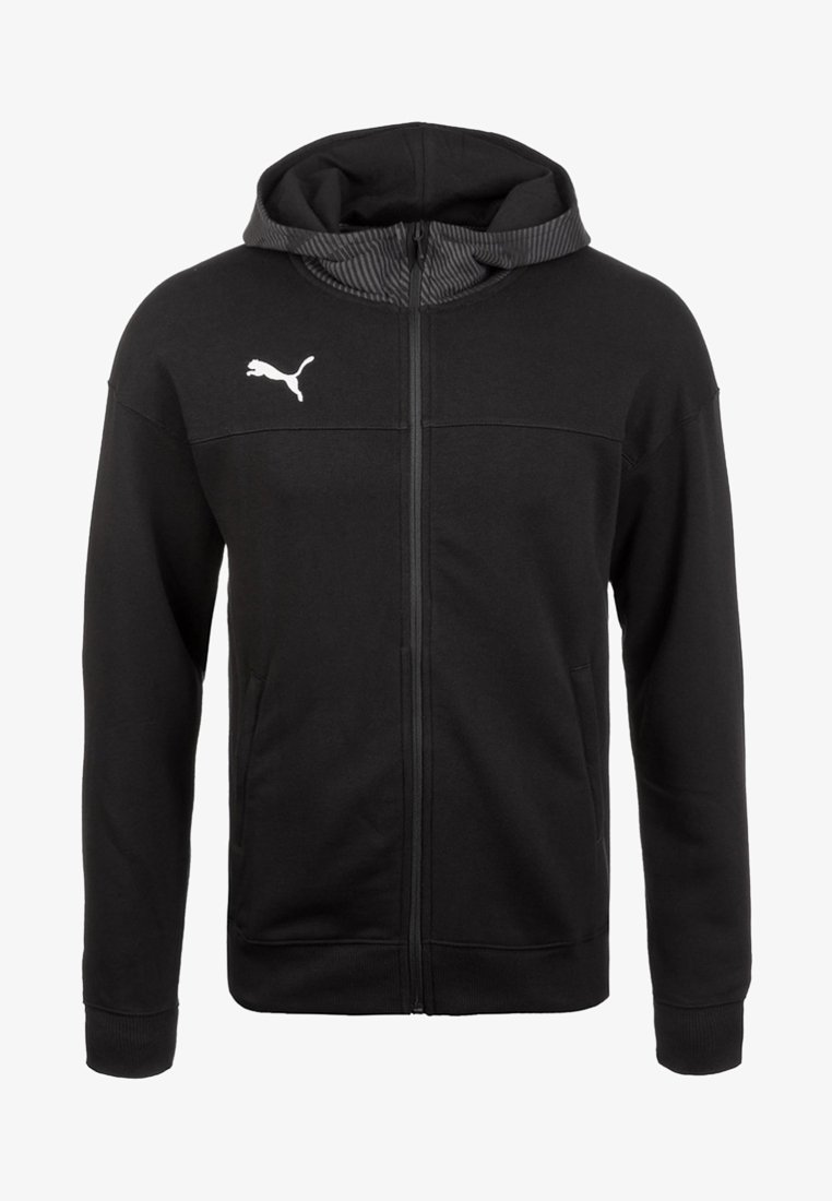 Sweat à capuche noir zippé avec capuche, poches avant, poignets côtelés et logo Puma blanc sur la poitrine gauche.
