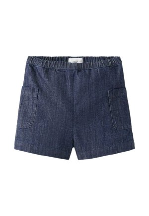 Mørkeblå cowboyshorts med elastisk talje og to forlommer, lagt fladt på en hvid baggrund.