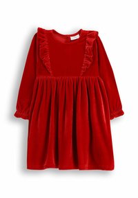 Czerwona sukienka z weluru z długimi rękawami, falbaną przy dekolcie i marszczoną spódnicą. Miękka tekstura z elastycznymi mankietami i okrągłym dekoltem.