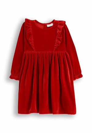Czerwona sukienka z weluru z długimi rękawami, falbaną przy dekolcie i marszczoną spódnicą. Miękka tekstura z elastycznymi mankietami i okrągłym dekoltem.