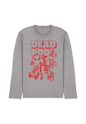 Gray long-sleeve shirt with red Deadpool graphic showing Deadpool holding swords, a small Deadpool in a vehicle, and a dog with a mask.