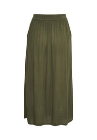 Olive green pleated skirt made of lightweight fabric, featuring an elastic waistband and flowing design, reaching mid-calf length.