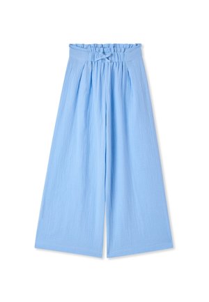 Pantaloni azzurri chiaro a gamba larga con vita elasticizzata arricciata e piccolo dettaglio con fiocco sul davanti.