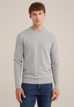 Maglione grigio in maglia con collo a giro, maniche lunghe e polsini e orlo a costine. Indossato con jeans blu, presenta una superficie testurizzata.