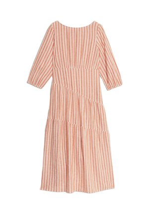 Striped dress in coral and cream, featuring a scoop neckline, three-quarter sleeves, and tiered skirt design with textured fabric.