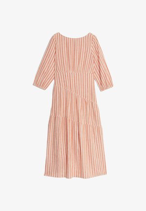 Gestreiftes Kleid in Koralle und Creme, mit Rundhalsausschnitt, Dreiviertelärmeln und mehrlagigem Rockdesign aus strukturiertem Stoff.