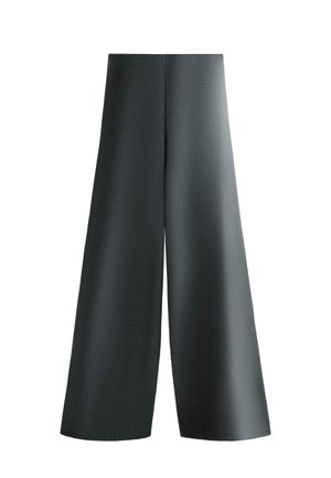 Nohavice s širokými nohavicami v tmavosivej tkanine, s hladkou textúrou a vysokým pásom. Dizajn má čistú siluetu bez ozdôb.
