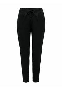 Sorte skråstilte bukser laget av mykt stoff, med elastisk midjebånd, snøring og sidelommer med folder.