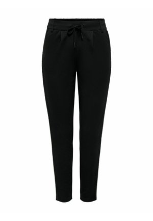 Zwarte taps toelopende broek van zachte stof, met elastische tailleband, trekkoordsluiting en zijzakken met plooi.