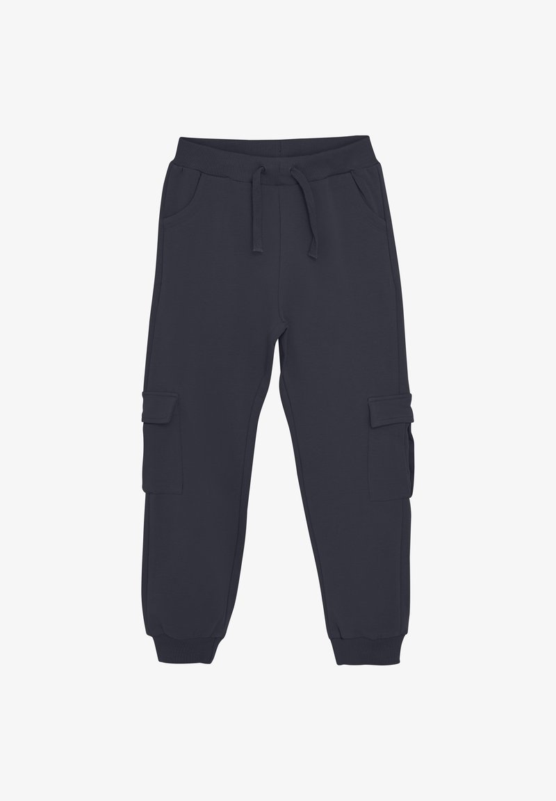 Námornícke modré tepláky vyrobené z mäkkej tkaniny, s elastickým pásom na šnúrku a dvoma bočnými vreckami. Obsahujú vrecká v štýle cargo.