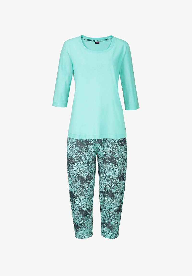Mint green three-quarter sleeve top paired with patterned dark green and mint cropped pants featuring a floral design. Soft, lightweight fabric.