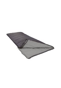 Grijze slaapzak met een doorstikdesign, bicolor stof (donkere buitenkant, lichte binnenkant), rits en zachte, gestructureerde voering voor comfort.