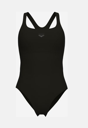 Traje de baño de una sola pieza negro con diseño de espalda al aire, hecho de una tela suave. Presenta un logo de Arena en el pecho y aberturas para las piernas discretas.