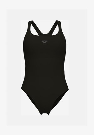 Czarny jednoczęściowy strój kąpielowy z plecami w stylu racerback, wykonany z gładkiego materiału. Posiada logo Arena na klatce piersiowej oraz skromne wycięcia na nogach.