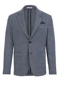 Blazer in houndstoothpatroon in marineblauw en wit, met een pieklabel, twee voorzakken en een blauwe pochet. Knopsluiting aan de voorkant.