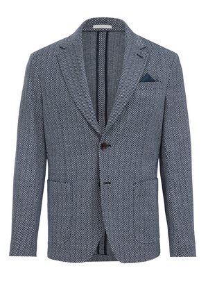 Blazer in houndstoothpatroon in marineblauw en wit, met een pieklabel, twee voorzakken en een blauwe pochet. Knopsluiting aan de voorkant.