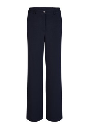 Navy blue straight-leg trousers with button and zip closure, belt loops, and no visible pockets, displayed on white background.