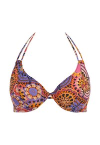 Plunge bh in een levendig multicolor bloemenpatroon met oranje, roze en paarse tinten. Zachte stof, verstelbare dubbele bandjes en voorgemaakte cups.