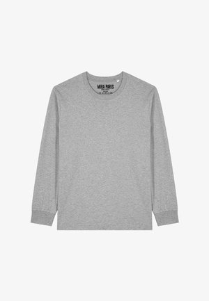 Maglietta grigio chiaro a maniche lunghe con scollo rotondo e polsini a coste, con etichetta "MIRA PARIS" all'interno del colletto.