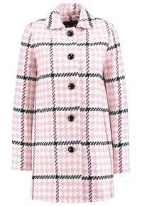 Růžový a šedý kabát ve stylu houndstooth vyrobený z texturované látky, s límcem, šesti černými knoflíky a rovný střih.
