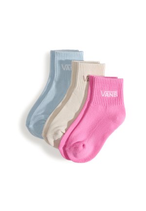 Tre par ankelstrømper i pastelfarver: lyseblå, beige og pink. Hver strømpe har ribbede kanter og "VANS"-logoen nær toppen.