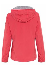 Veste légère rouge à capuche avec manches longues et doublure intérieure grise visible à l’intérieur de la capuche, vue de dos.