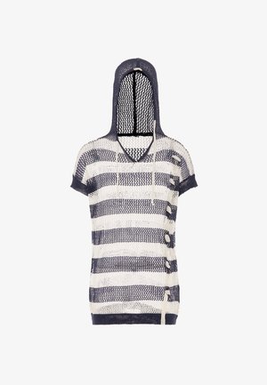 Kötött kapucnis felső tengerészkék és fehér vízszintes csíkokkal, rövid ujjakkal, V nyakkivágással és díszgombokkal az oldalon. Texturált hálós anyag.