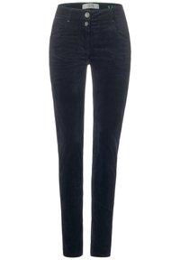 Navyblauwe corduroy broek met een slim fit, voorzien van twee voorzakken, twee achterzakken en een knoopsluiting met contrasterende stikseldetails.