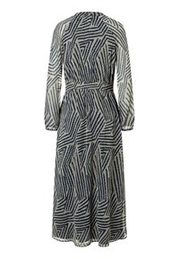 Robe longue et fluide en tissu transparent avec un motif géométrique en navy et crème. Taille élastique et manches longues avec des poignets froncés.