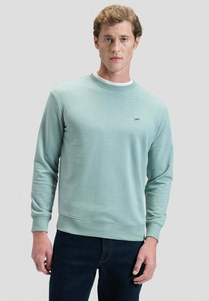 Junger Mann mit einem hellgrünen Lee-Sweatshirt und dunklen Jeans, der vor einem einfarbigen hellgrauen Hintergrund steht.