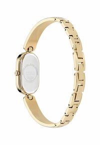 Gold-tone watch with an oval case, stainless steel bracelet, smooth texture, and a clear glass face displaying a minimalistic design.