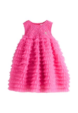 Vestido de niña pequeño sin mangas en rosa brillante con corpiño de encaje floral y falda de tul con volantes en capas.