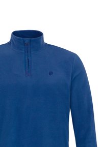 Modrá fleece mikina s krátkým zipem a vysokým límcem, s hladkým povrchem a malým logem na hrudi.