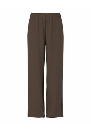 Pantalon marron à jambes droites et coupe ample, avec ceinture élastique, fabriqué en tissu doux, présenté sur un fond blanc.
