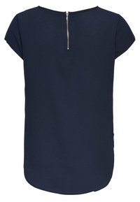Navy blue short-sleeve blouse with a round neckline and a back zipper. Textured fabric with a slightly curved hem. Simple, clean design.