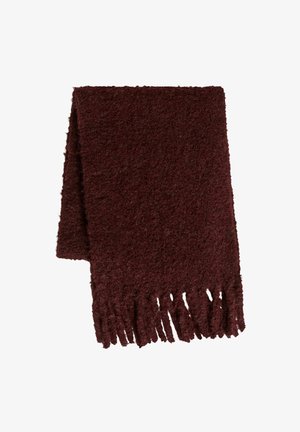 Burgundy knitted scarf with a soft, textured finish, featuring fringed edges for added detail.